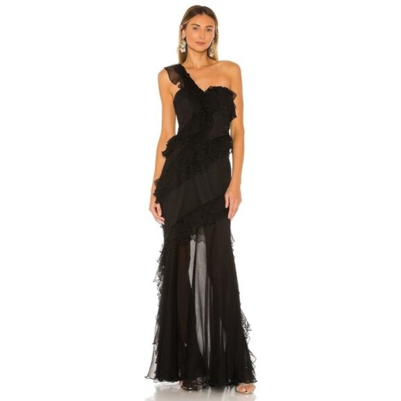 New AMUR Harlow Maxi Dress in Black Silk Sheer Formal One Shoulder Gown Size 4 - Picture 2 of 10